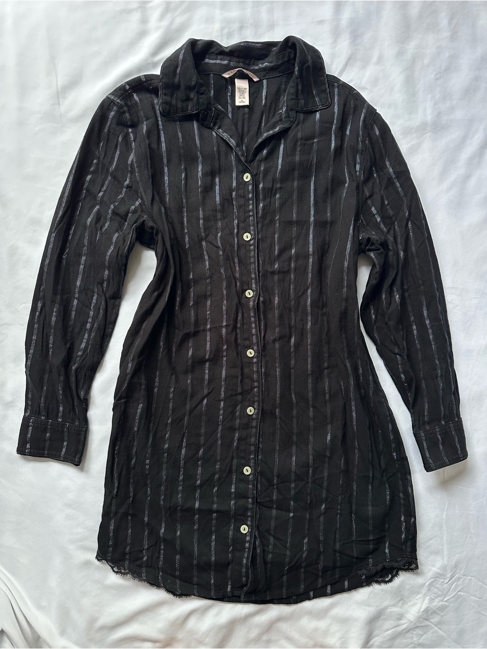 Victoria’s Secret Black and White Striped Button Up Shirt Dress with Lace Trim